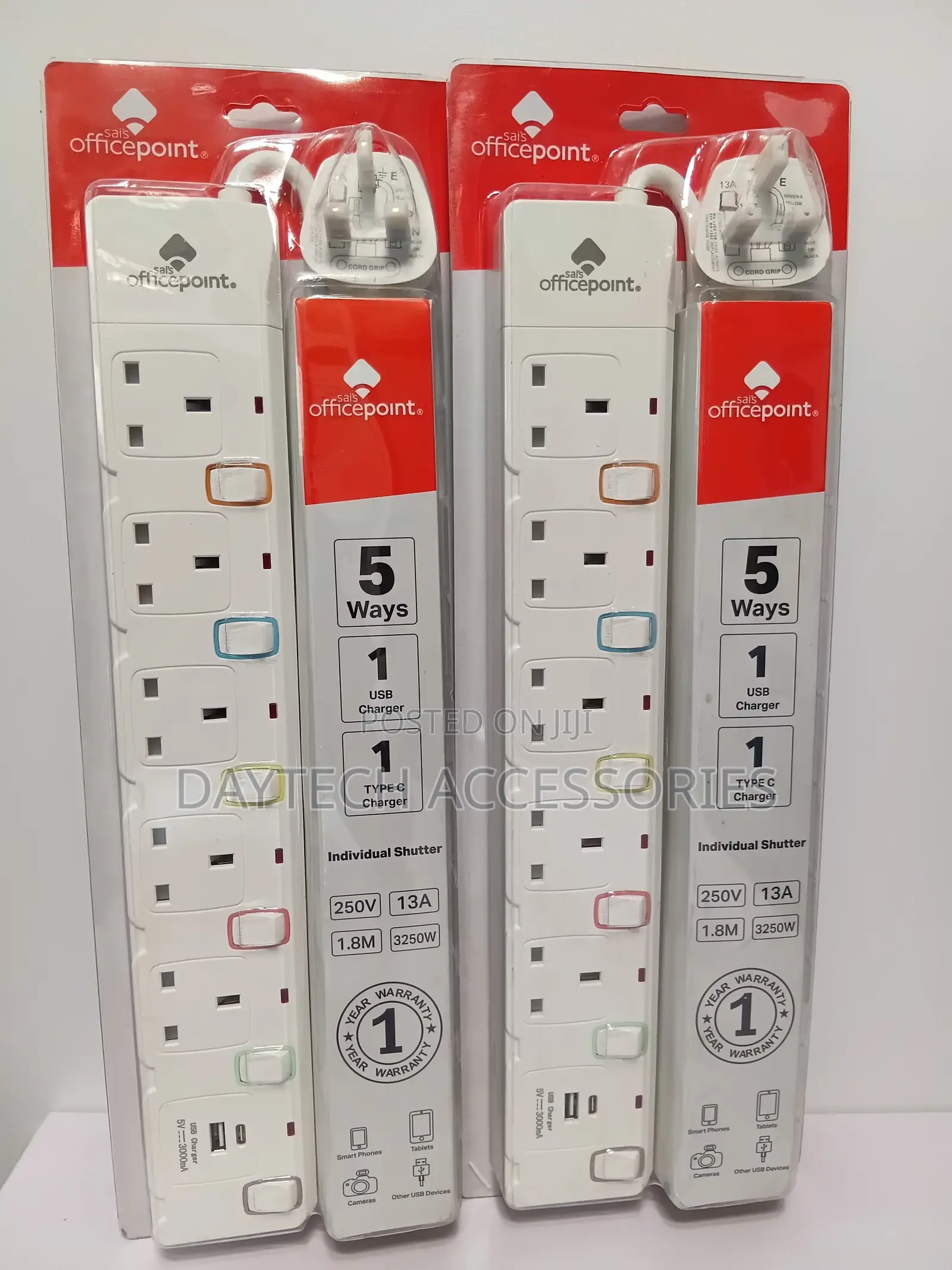 Officepoint 5-Way Extension Socket With One USB Port and One Type-C.
