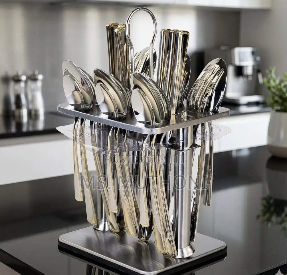 24 Pieces Silver Golden Cutlery Set With Hanging Rack