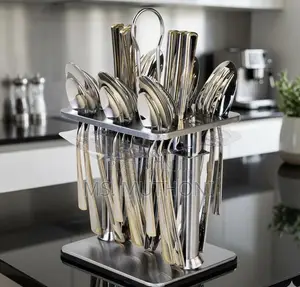 24 Pieces Silver Golden Cutlery Set With Hanging Rack
