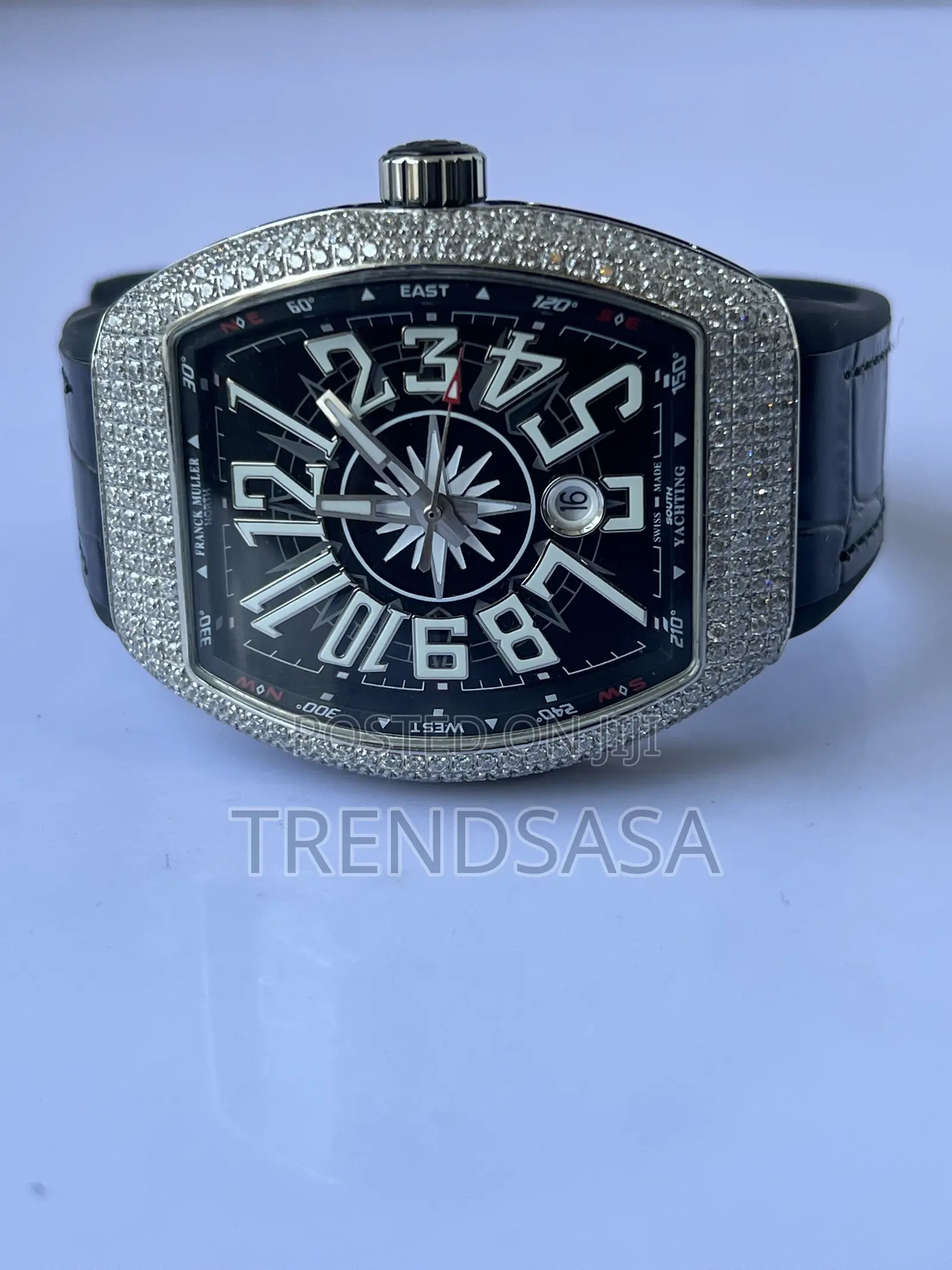 Frank Muller Curvex Iced Bezel Silver Black Leather Watch