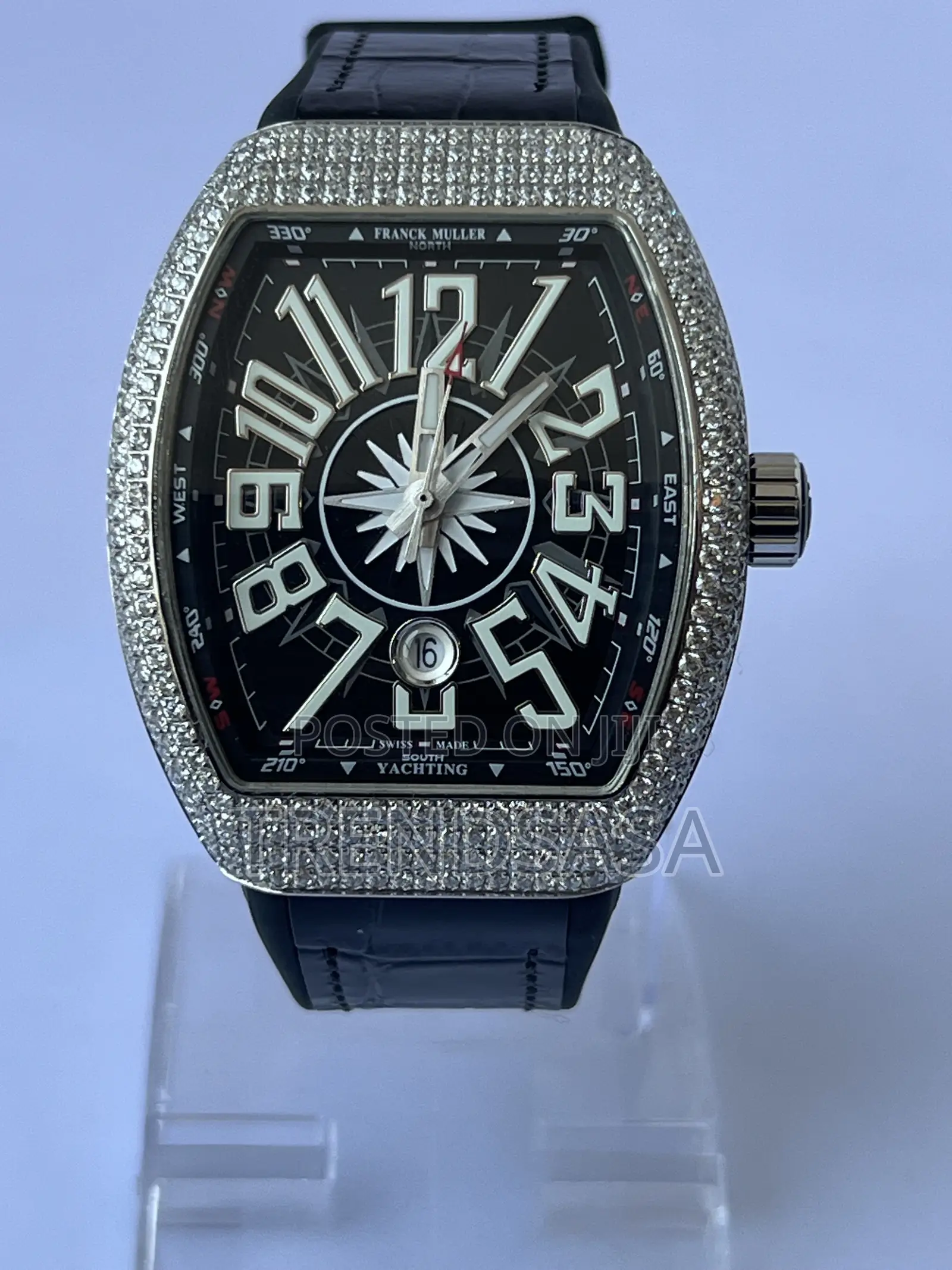 Frank Muller Curvex Iced Bezel Silver Black Leather Watch