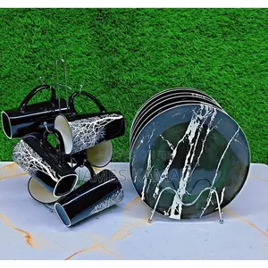 Black With White Tree Pattern – 12 PCS – 6 Mugs + 6 Plates