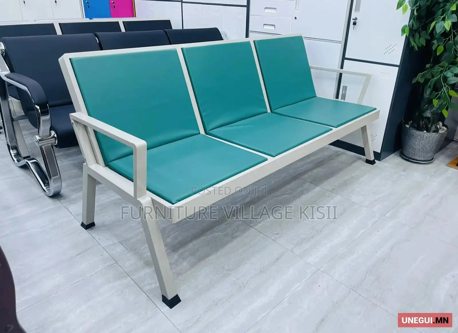 Office Bench; Green 3-Link Padded Bench