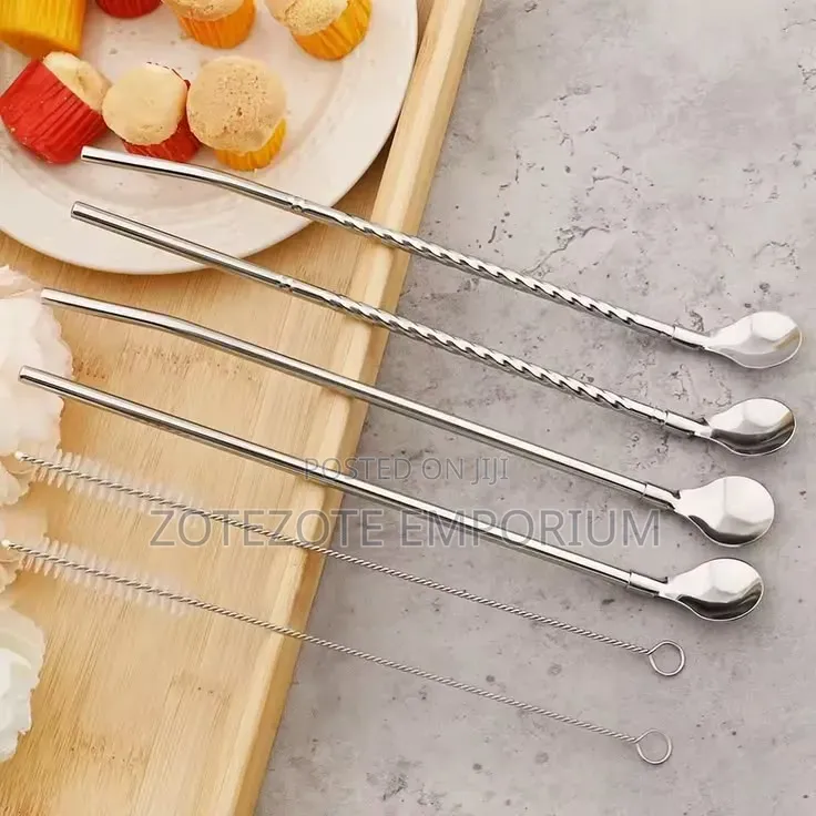 6pcs Stainless Straw Spoon + Brush