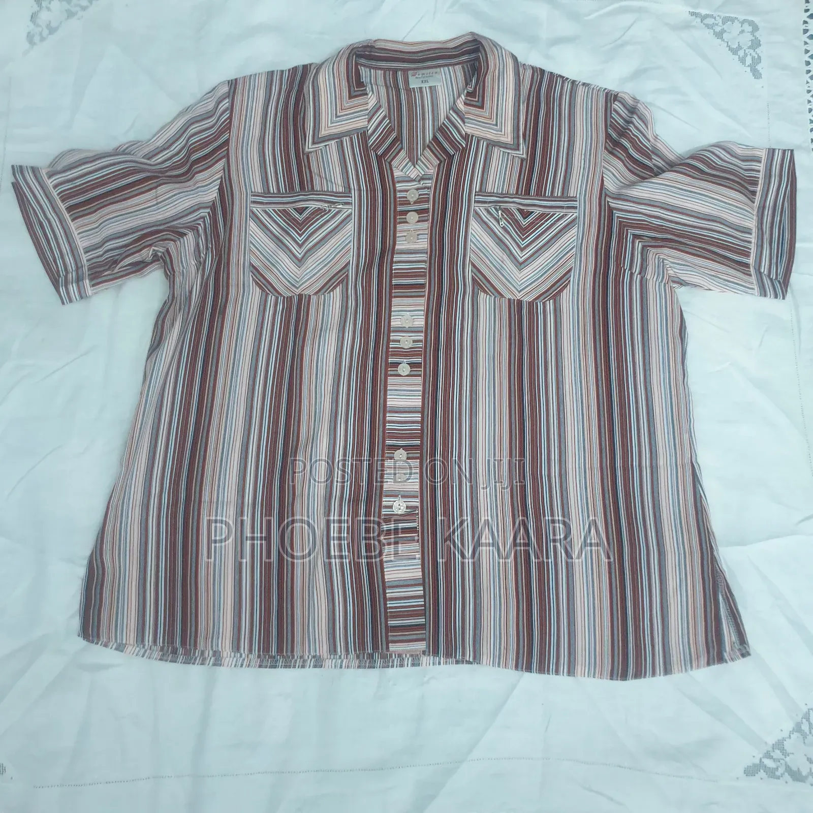 XXL Vintage Vertical Striped Short-Sleeve Blouse (Oversized Style)