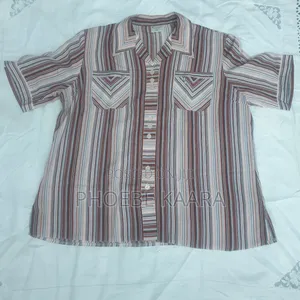 XXL Vintage Vertical Striped Short-Sleeve Blouse (Oversized Style)