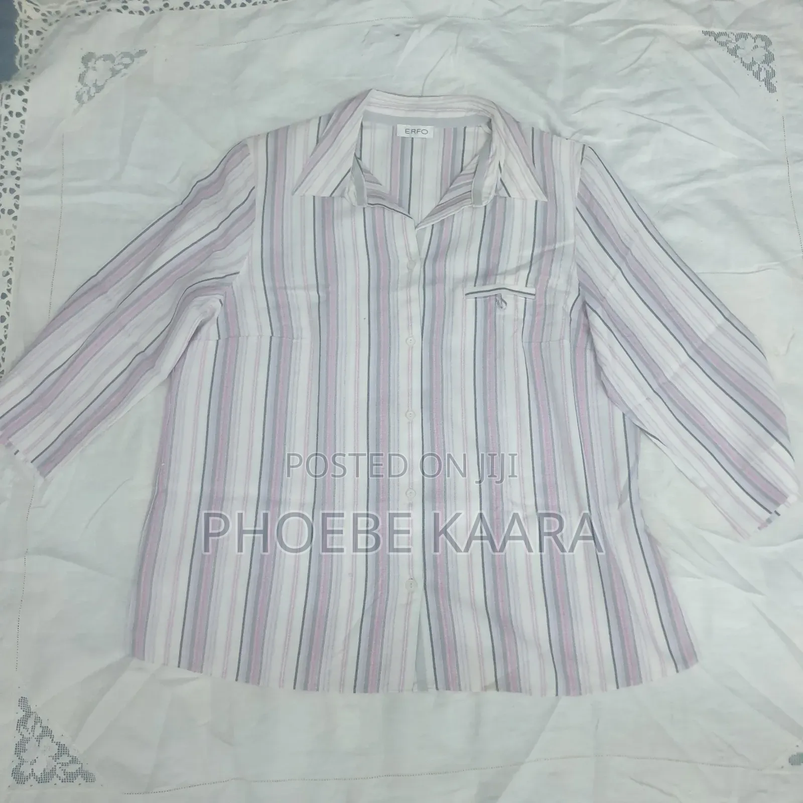 XL Pastel Vertical Striped 3/4 Sleeve Vintage Blouse