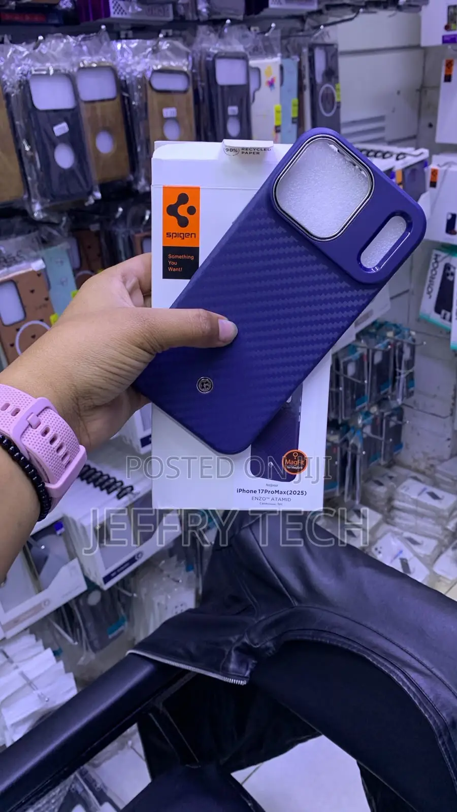 Dark Blue Spigen Enzo MagFit Carbon Phone Case for iPhone 17 Pro Max