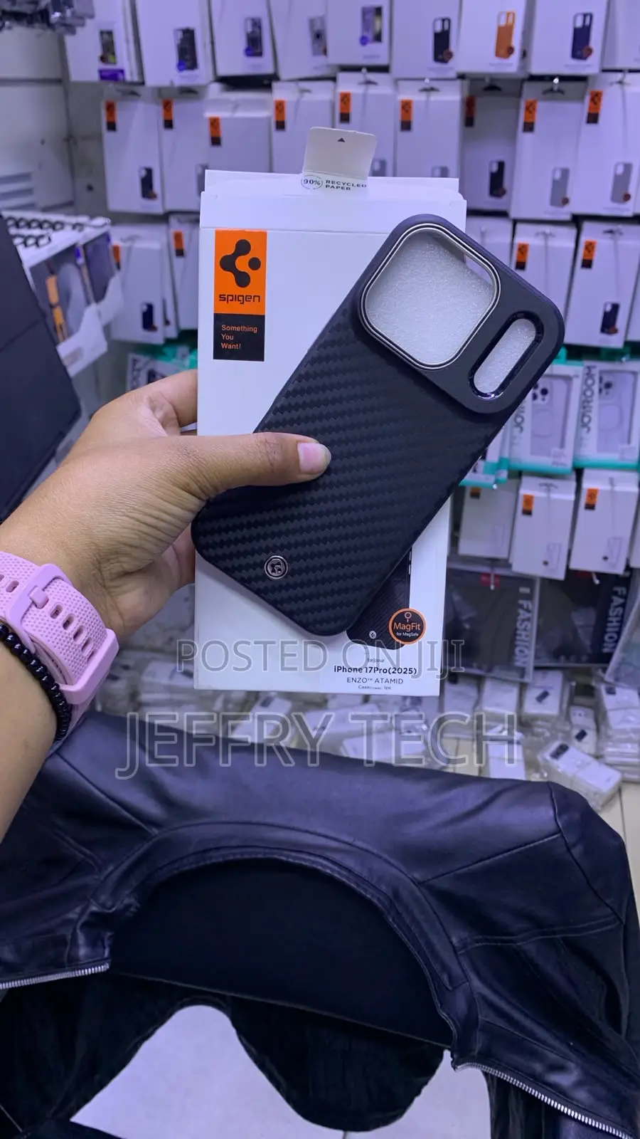 Dark Blue Spigen Enzo MagFit Carbon Phone Case for iPhone 17 Pro Max