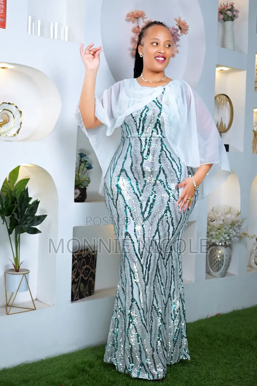 Sage Green Cape Dinner Dress. Event Dress