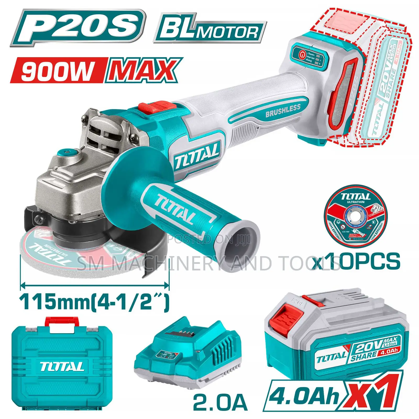 Total AGLI261521 Cordless Angle Grinder 900W 20V