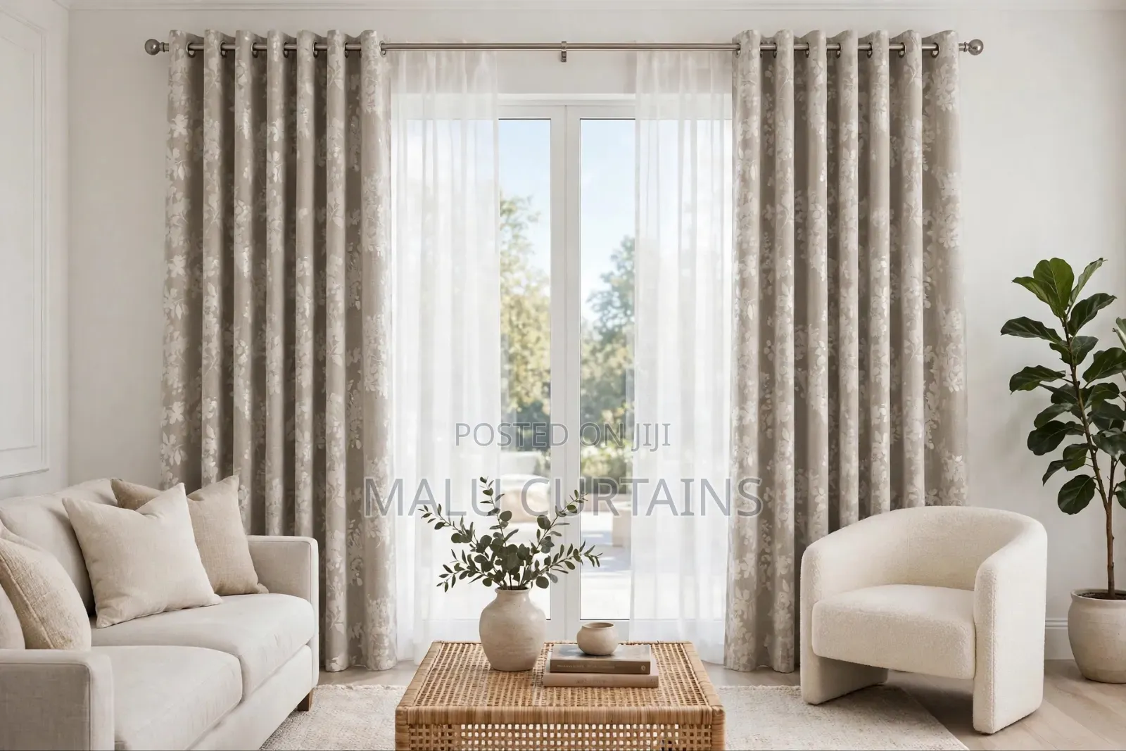 Taupe Beige With White Floral Jacquard Curtain