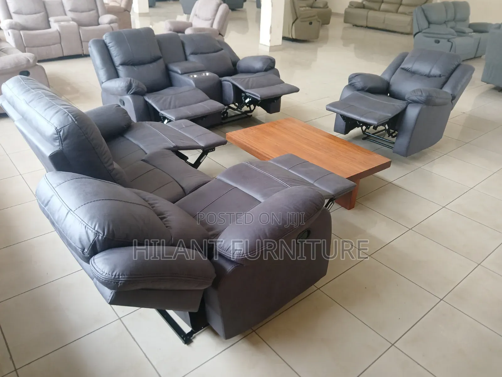 Standard Size Gray Soft Fabric Elegant Six-Seater Recliner Sofa