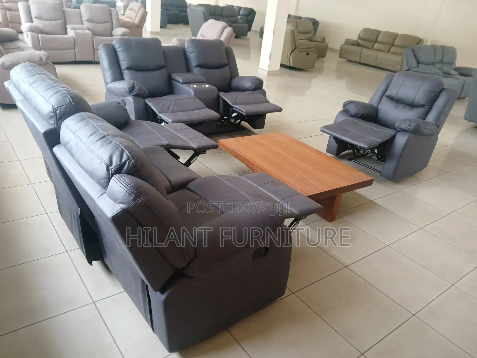 Standard Size Gray Soft Fabric Elegant Six-Seater Recliner Sofa