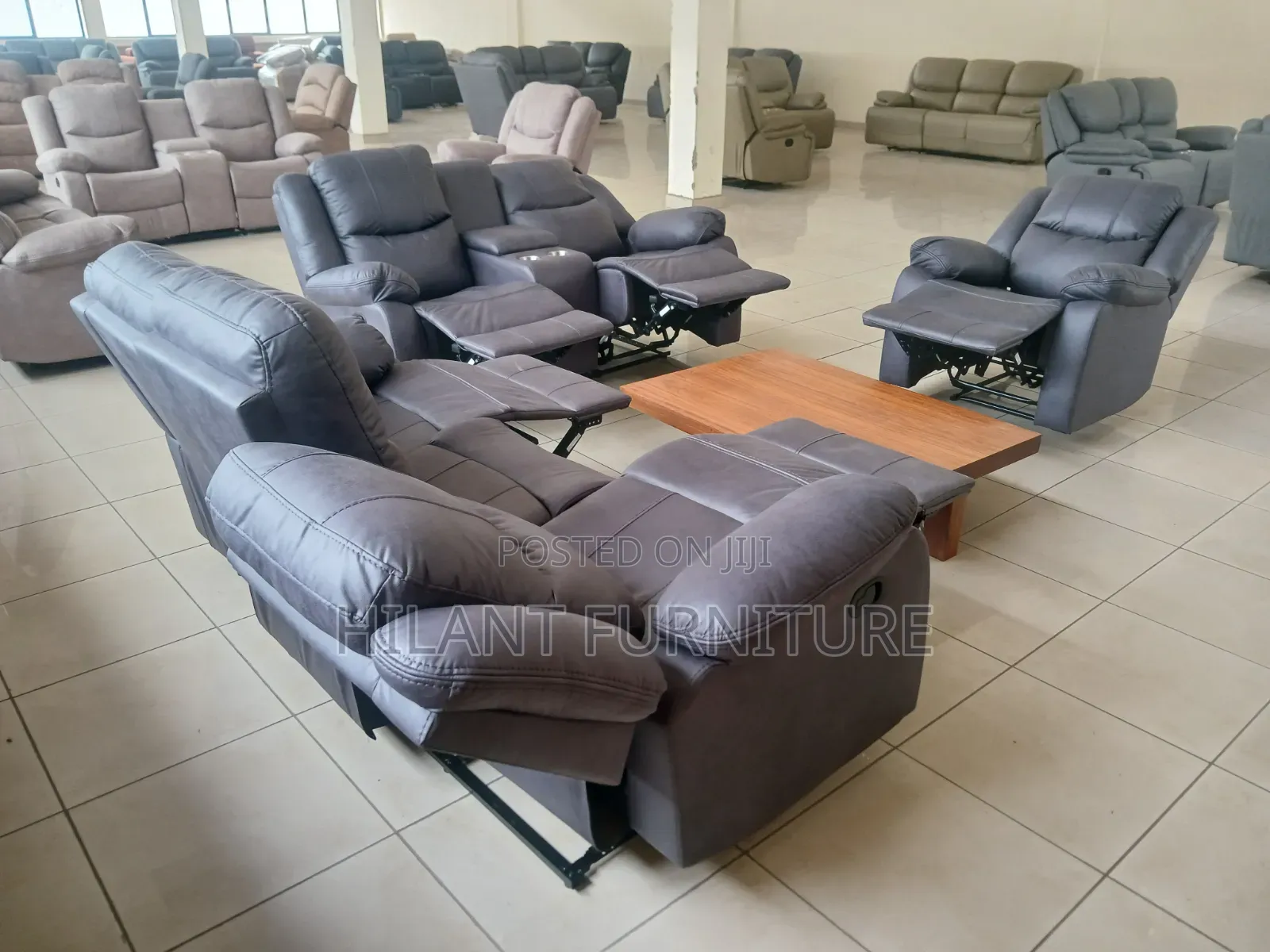 Standard Size Gray Soft Fabric Elegant Six-Seater Recliner Sofa