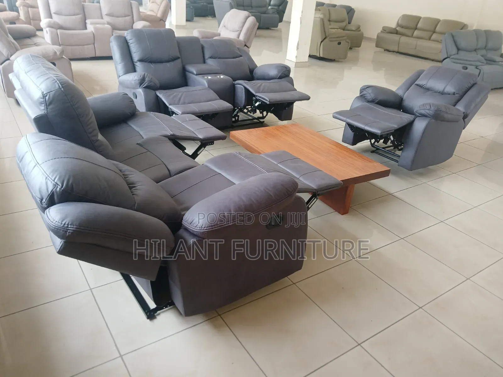 Standard Size Gray Soft Fabric Elegant Six-Seater Recliner Sofa