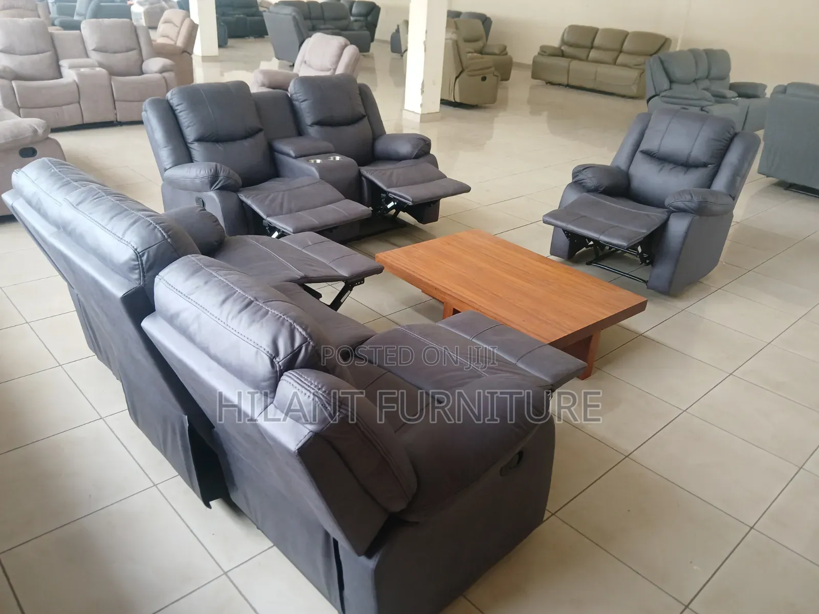 Standard Size Gray Soft Fabric Elegant Six-Seater Recliner Sofa