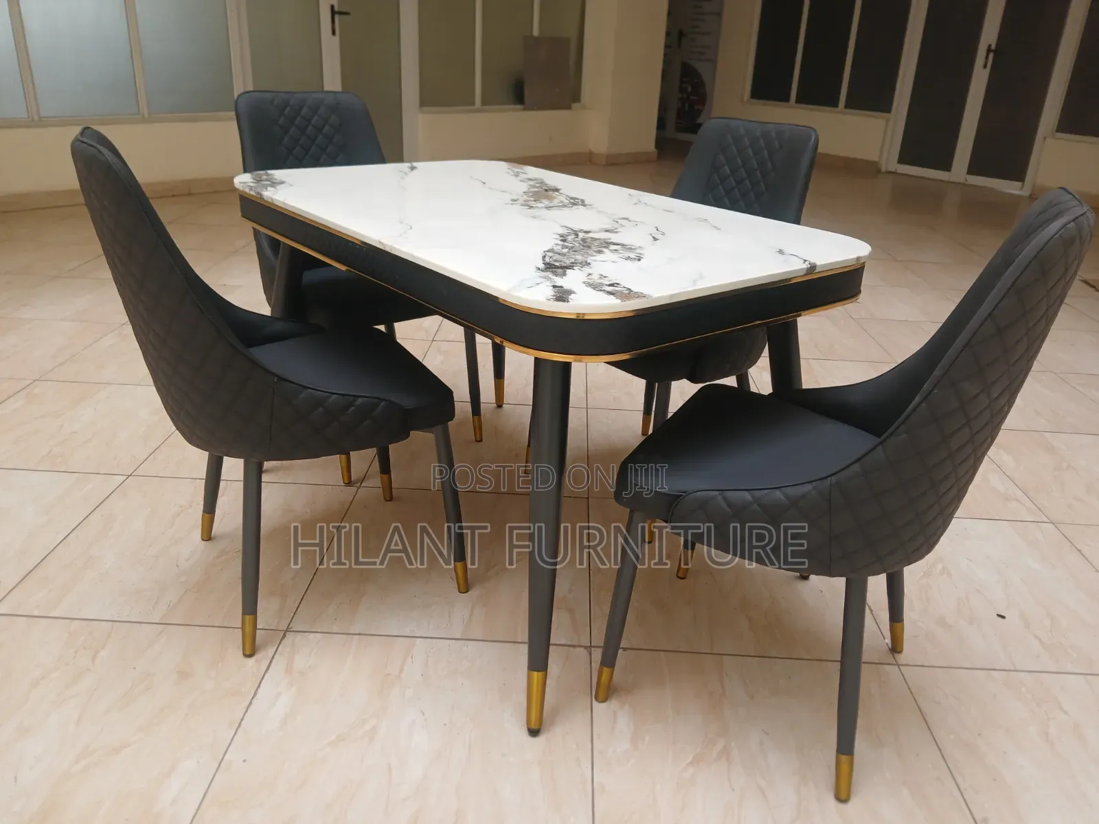 Modern 4-Seater Marble Top Dining Set With Gold Accents