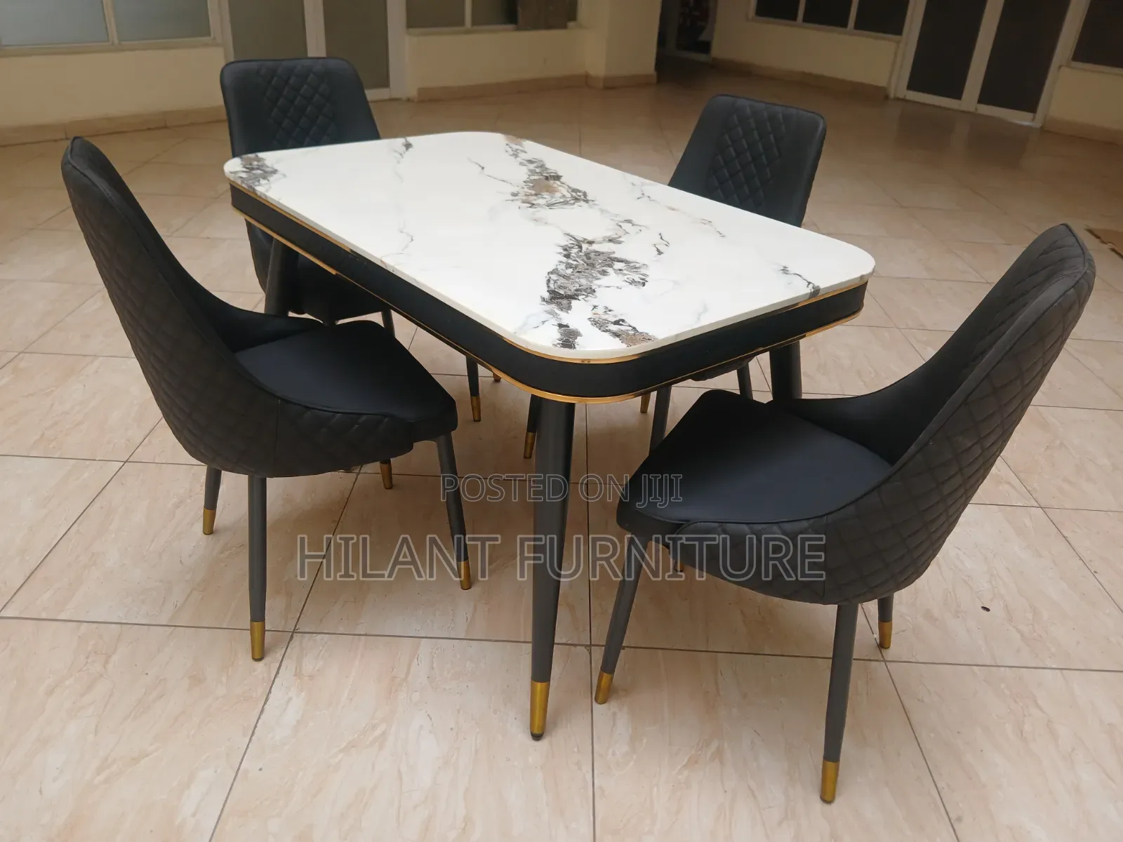 Modern 4-Seater Marble Top Dining Set With Gold Accents