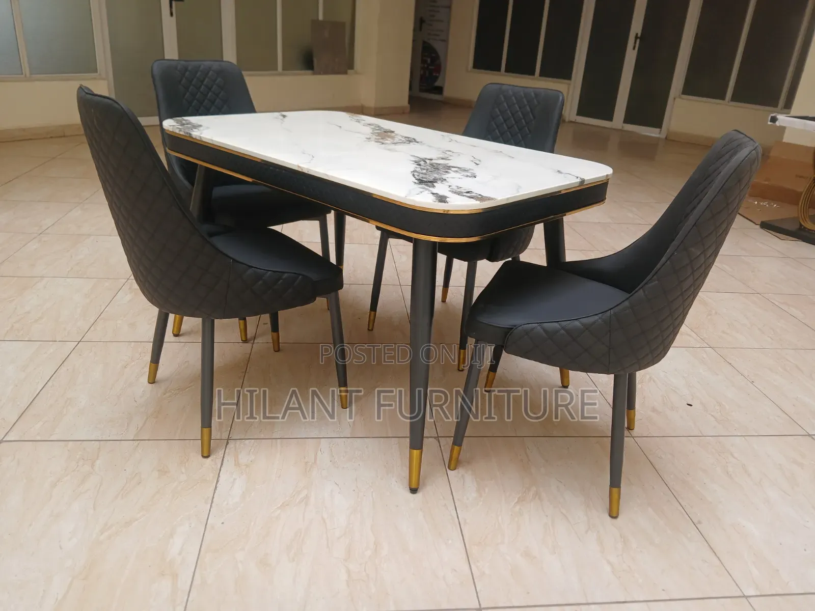 Modern 4-Seater Marble Top Dining Set With Gold Accents