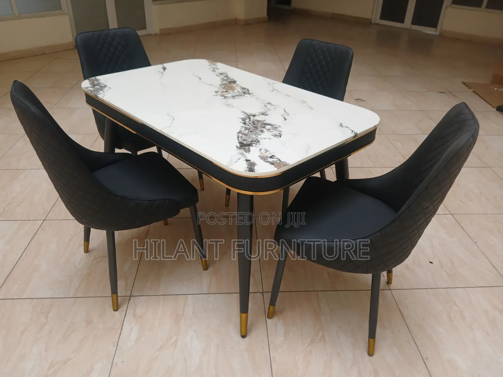 Modern 4-Seater Marble Top Dining Set With Gold Accents