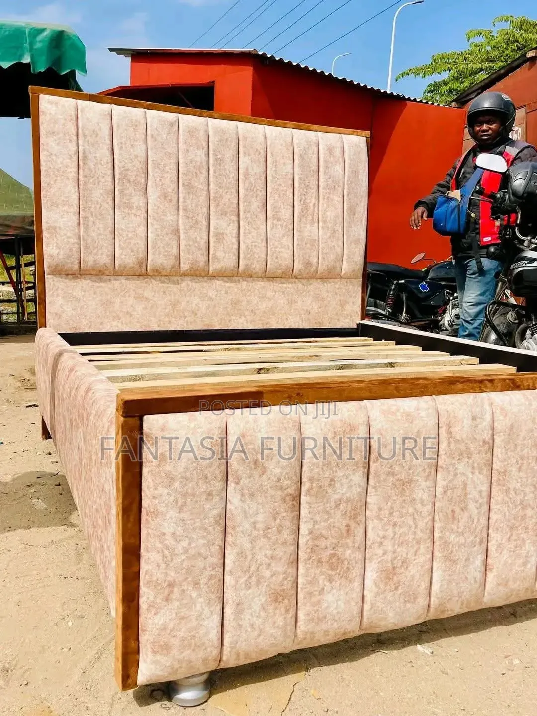 5 by 6 Beige Wooden-Trim Bed