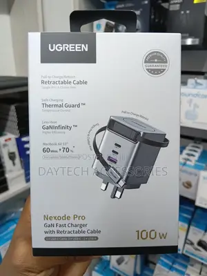 Ugreen 100W GaN Fast Charger UK Plug With Retractable USB-C Cable
