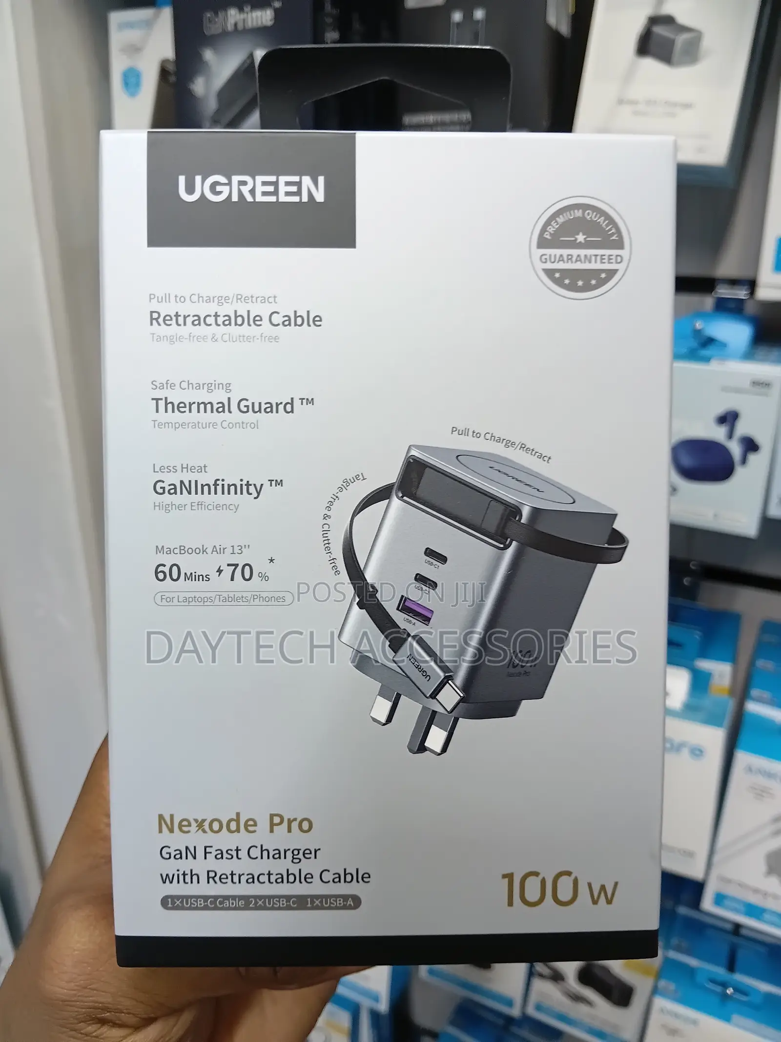 UGREEN 100W GaN Fast Charger UK Plug With Retractable USB-C Cable.