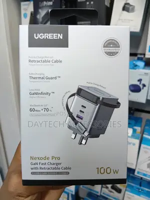 UGREEN 100W GaN Fast Charger UK Plug With Retractable USB-C Cable.