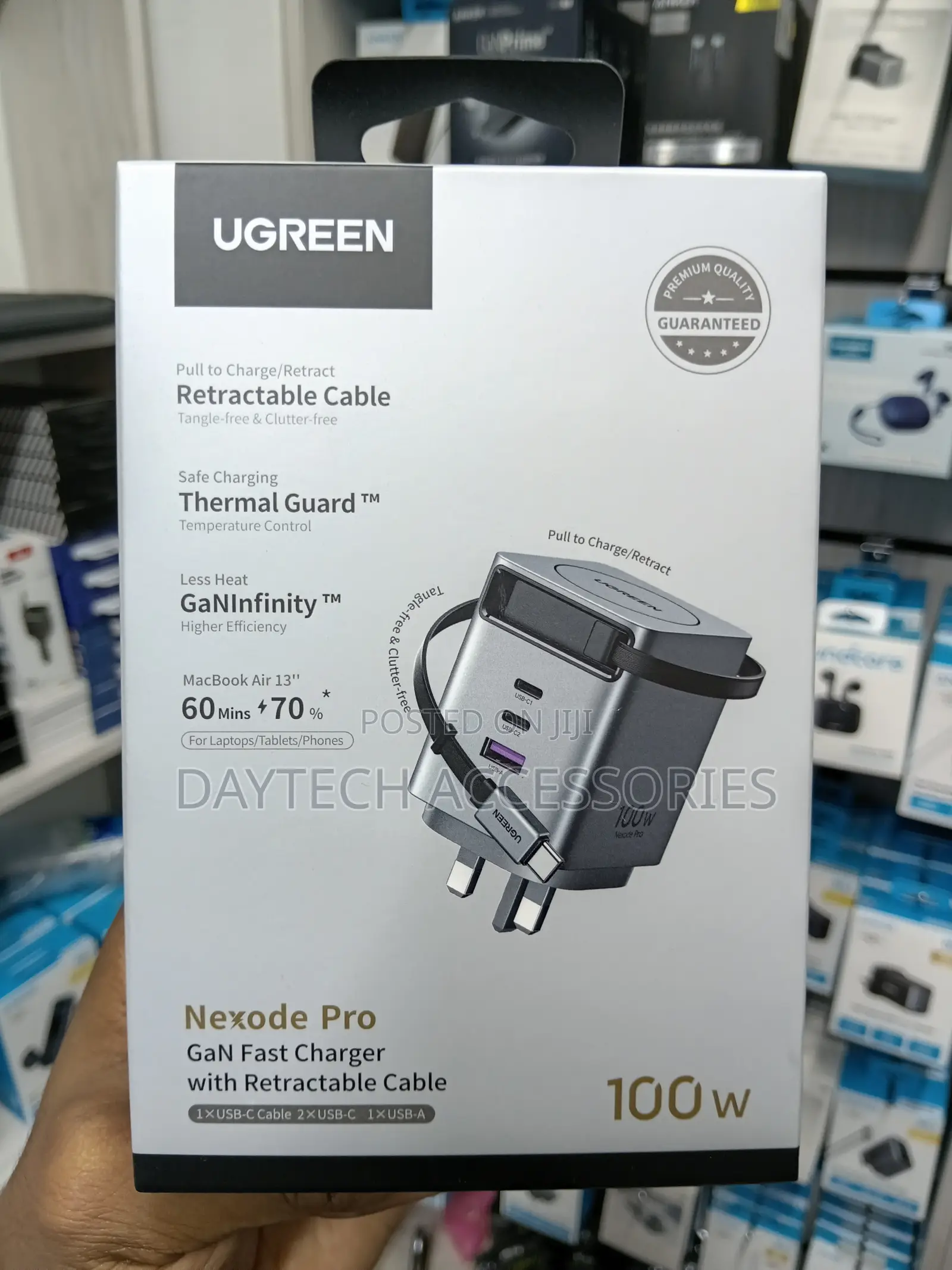 UGREEN 100W GaN Fast Charger UK Plug With Retractable USB-C Cable.