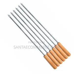 6Pcs Stainless Steel Barbecue Skewers With Smooth Wooden Handles