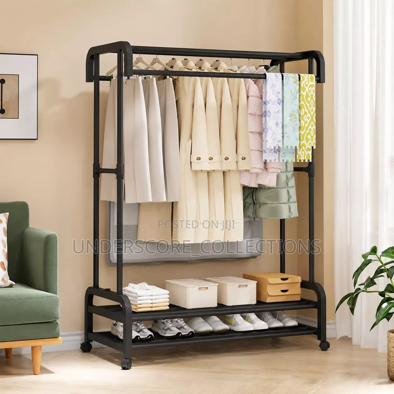 Double Pole Wheeled Clothes Drying Rack, With Double Layer Shoe Rack