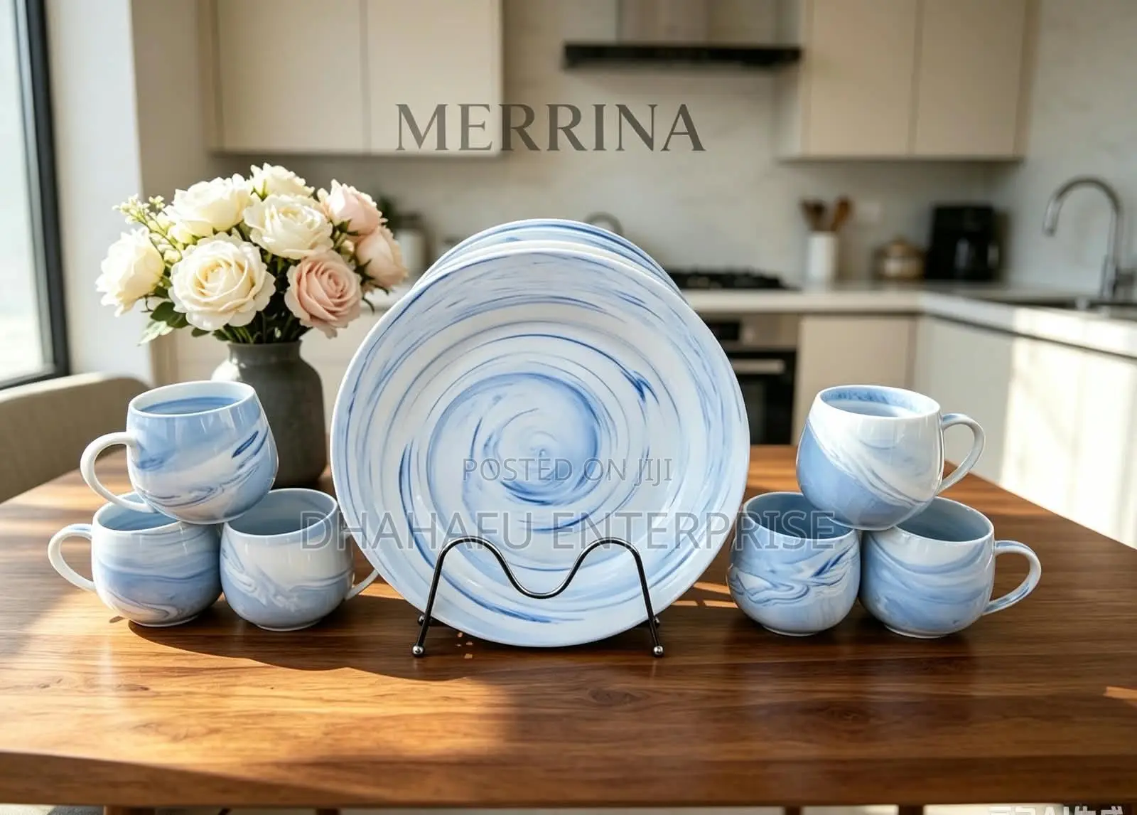 Marble-Effect Dinner Plate Mug Set With Gold Stand – 6+6 Pieces