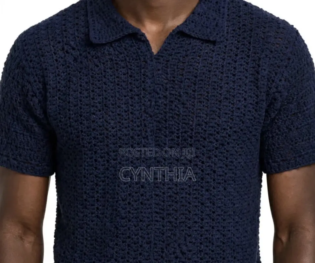Handmade Crochet Polo Shirt for Men- Navy Blue- Medium Size