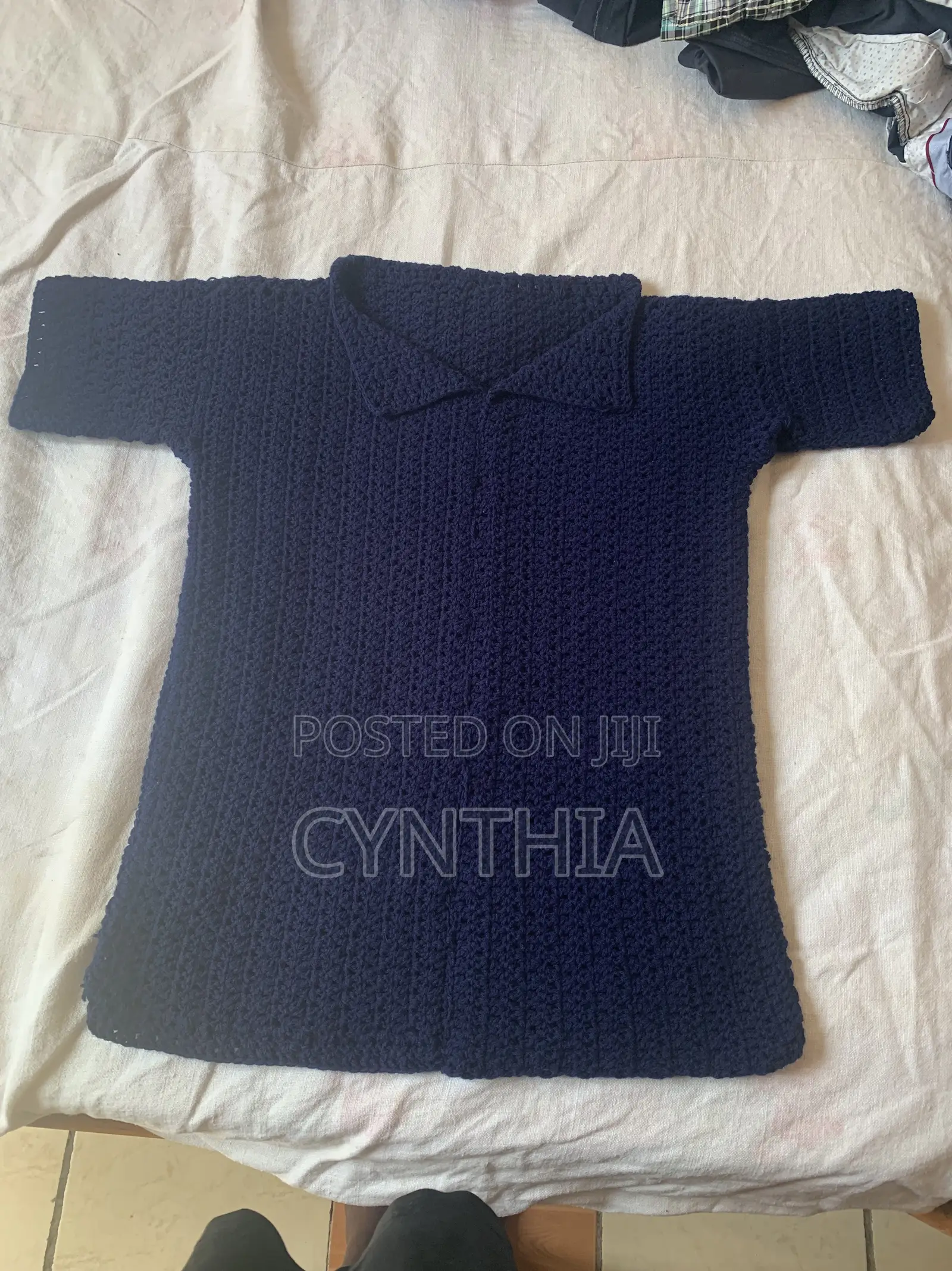 Handmade Crochet Polo Shirt for Men- Navy Blue- Medium Size