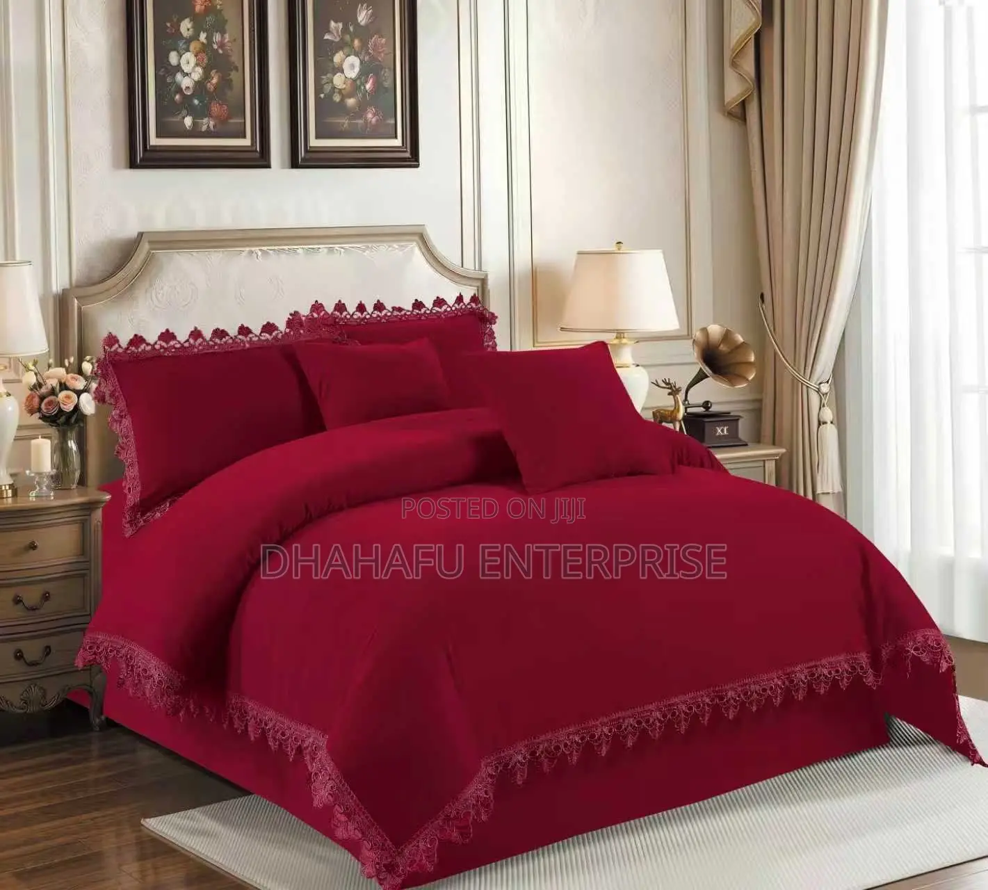 Luxury Lace-Trim Duvet Set – 6-Piece (Duvet, Bedsheet 4 Pillowcases)