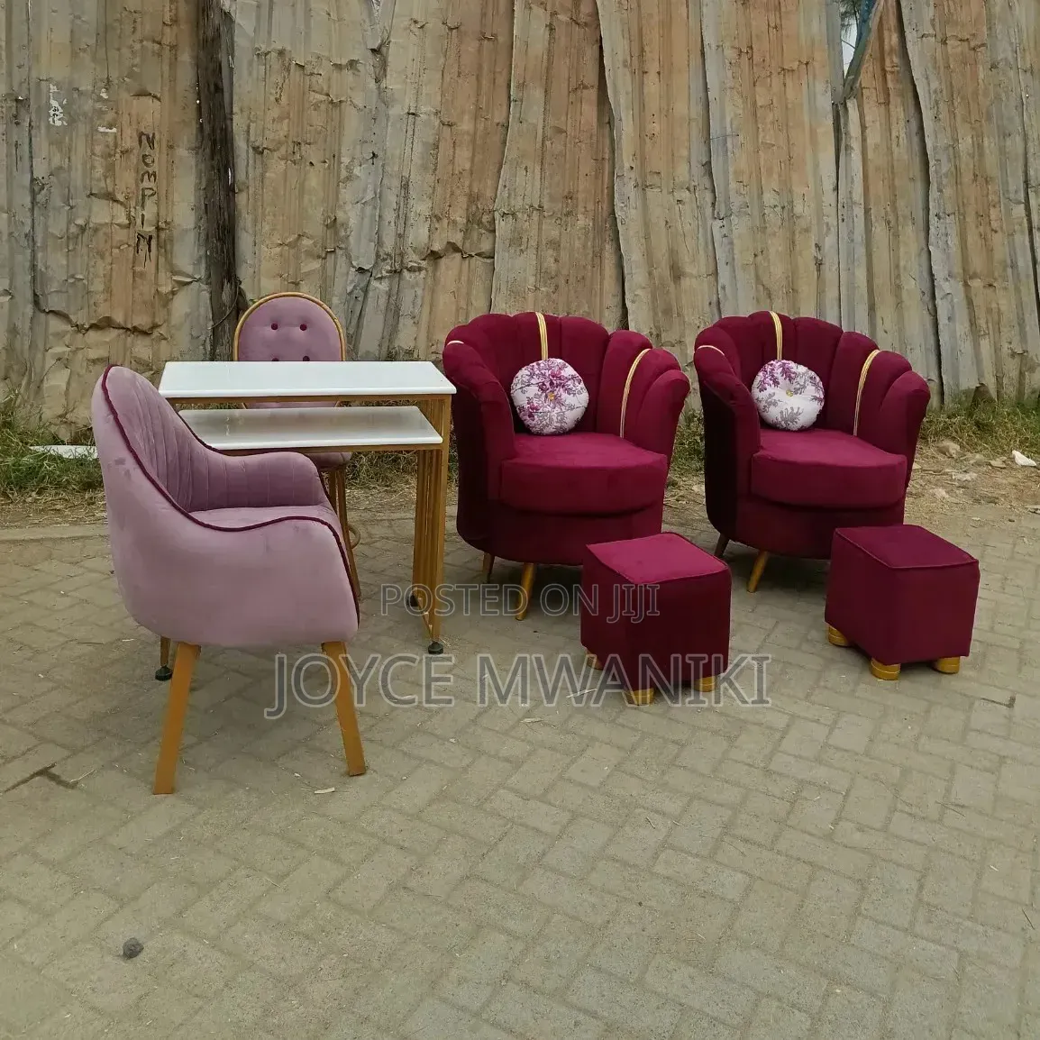 Manicure Set Light Purple and 2 Red Pedicure Seats With Stools 