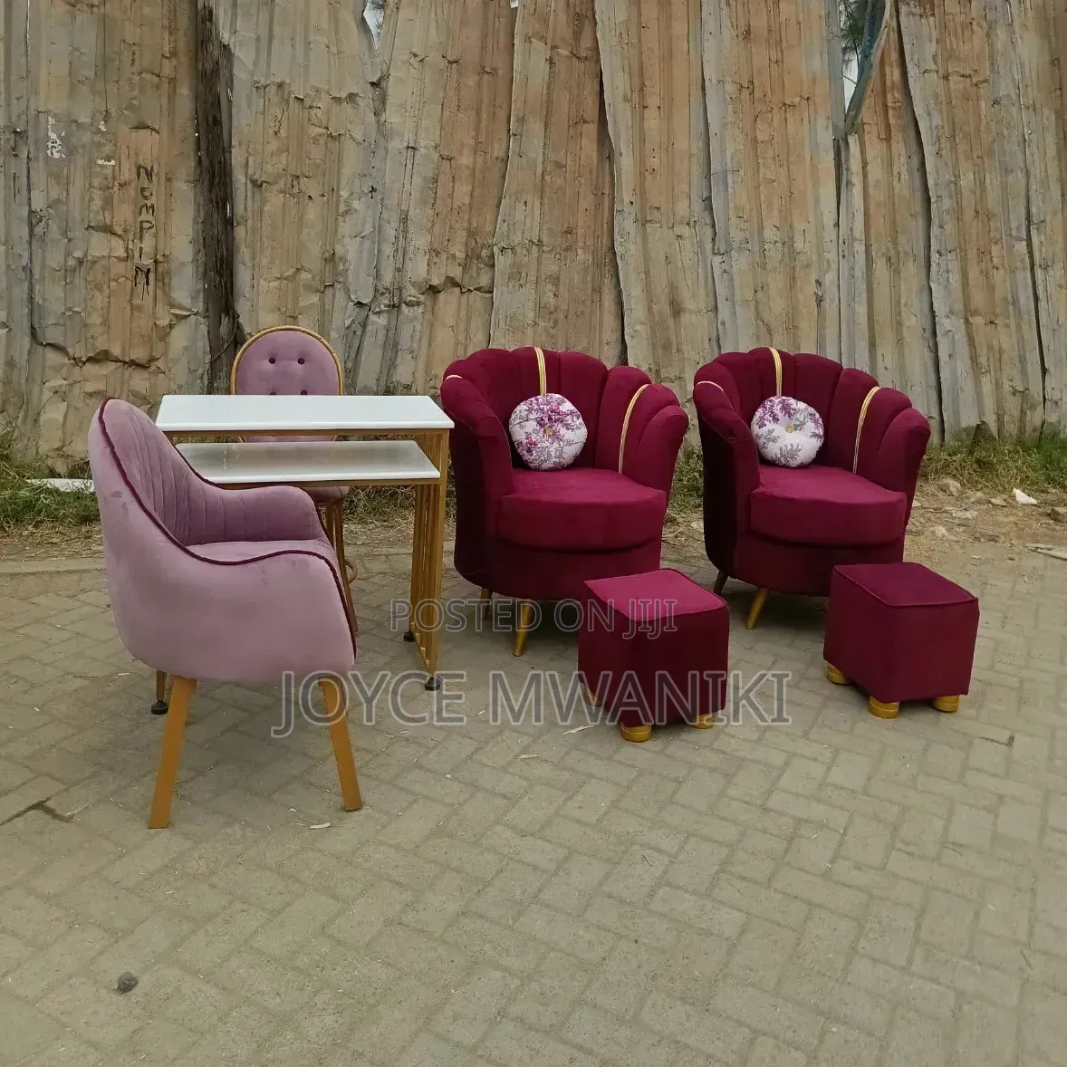 Manicure Set Light Purple and 2 Red Pedicure Seats With Stools 