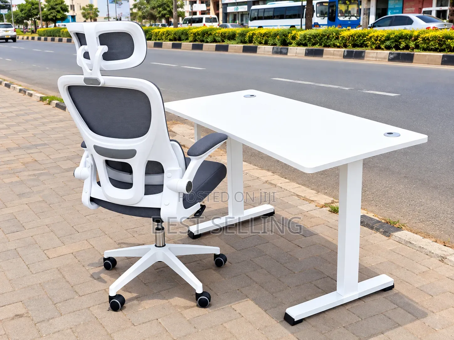 Office Combo Grey White Orthopedic Chair and Adjustable Height Desk