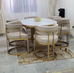 Ultra-Modern Luxury: 6-Seater Marble Top Dining Set,Gold Accent Chairs
