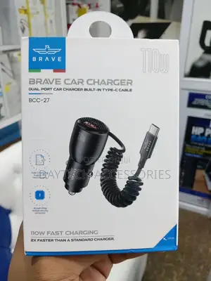 Brave 110w Fast Charging Dual Port Car Charger Built-in Type-C Cable