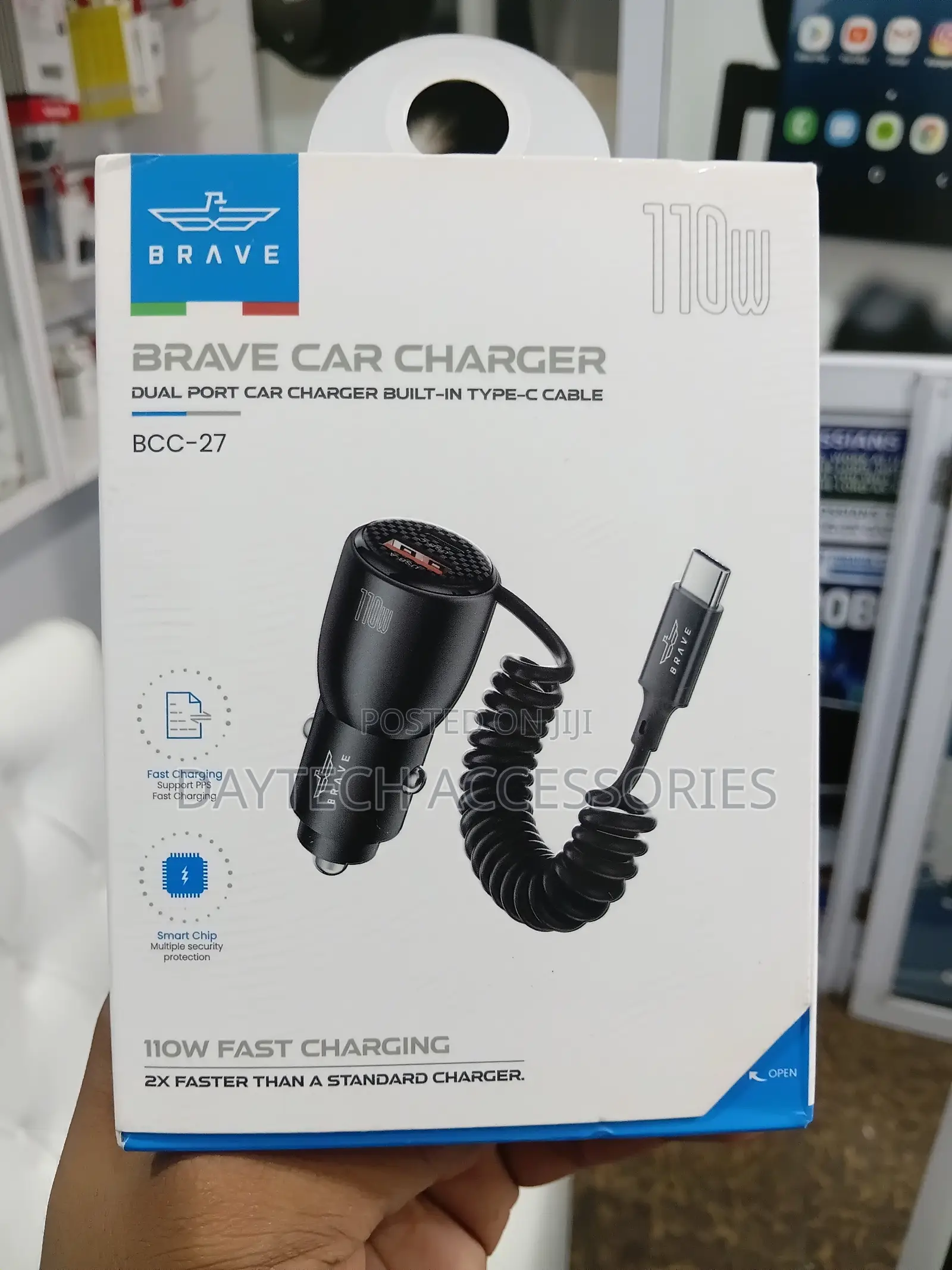 Brave 110w Fast Charging Dual Port Car Charger Built-in Type-C Cable