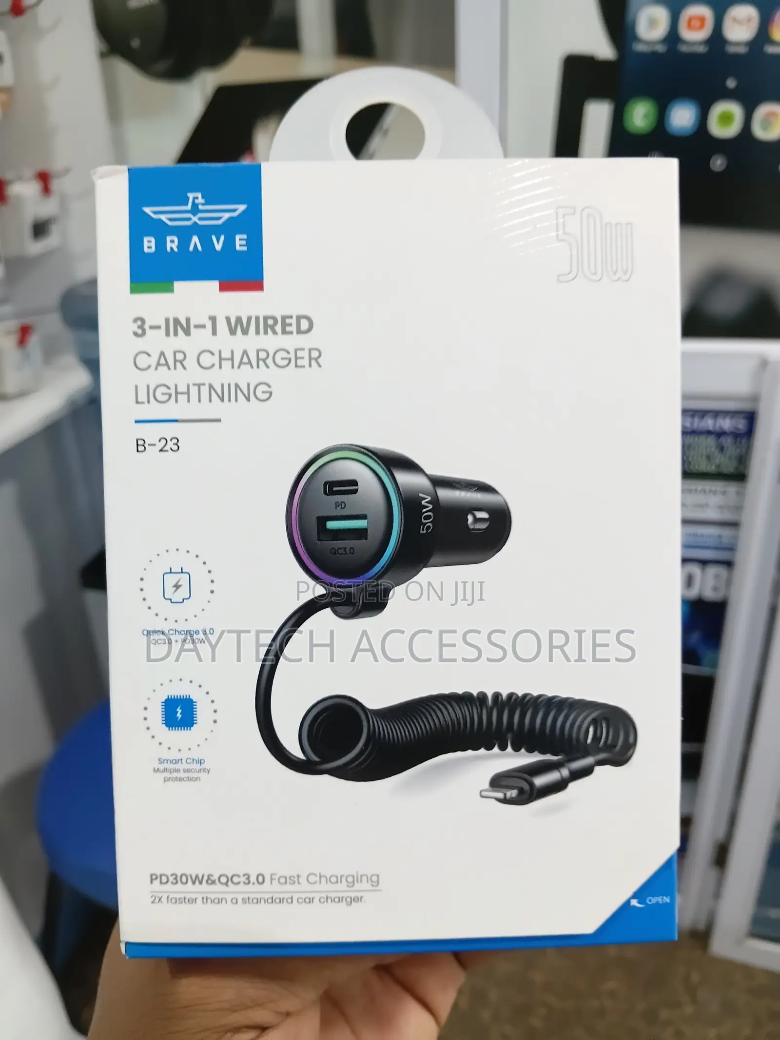 Brave B-23 3in1 Car Charger Lightning Cable Output 1.5m Type-C USB-A