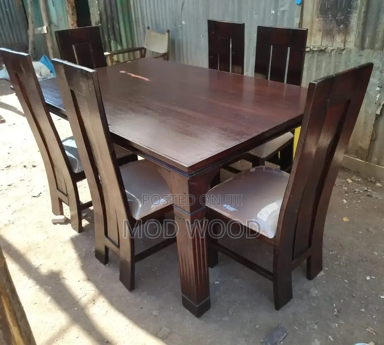 Modern Mahogany Wooden Dining Set With Cutout Back Padded Chairs