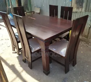 Modern Mahogany Wooden Dining Set With Cutout Back Padded Chairs