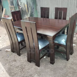Modern Mahogany Wooden Dining Set With Cutout Back Padded Chairs