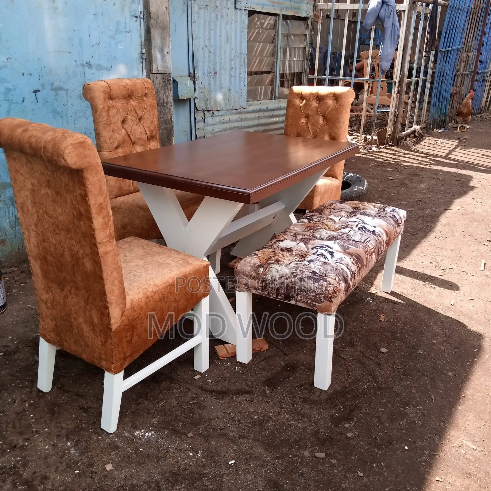 Modern Trestle Dining Set With Tufted Chairs and Patterned Bench