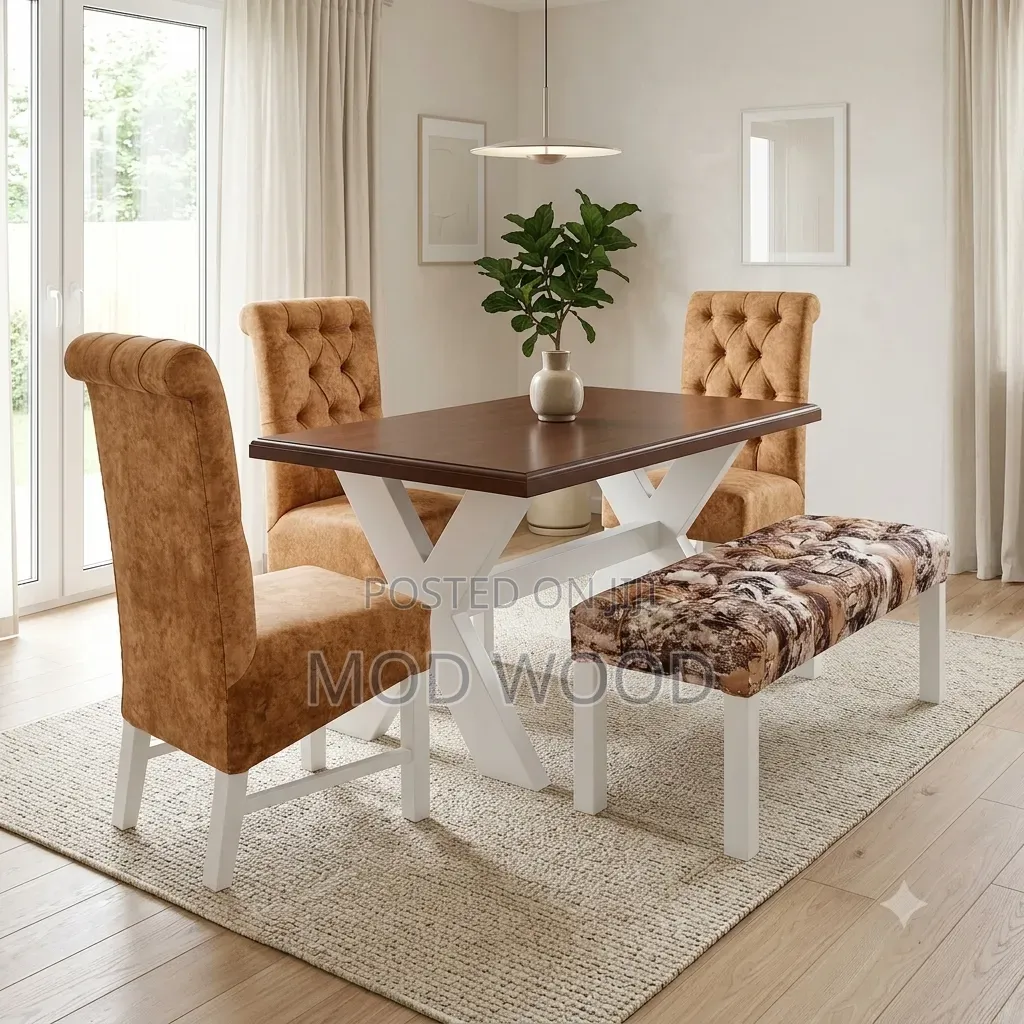 Modern Trestle Dining Set With Tufted Chairs and Patterned Bench