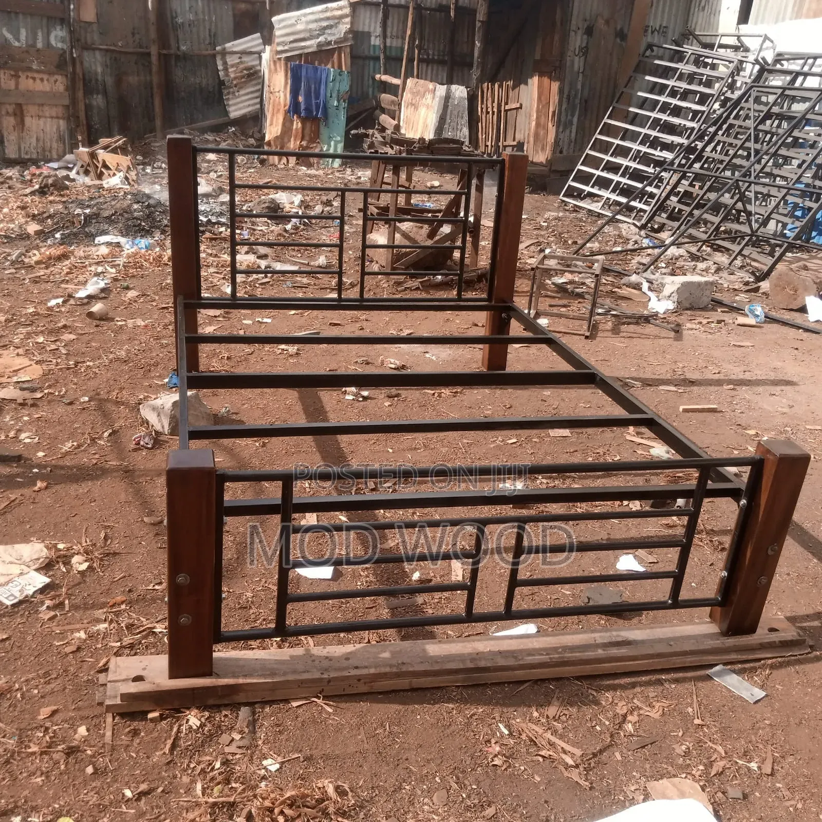 Industrial-Style Metal and Solid Wood 5ft by 6ft Hybrid Bed Frame