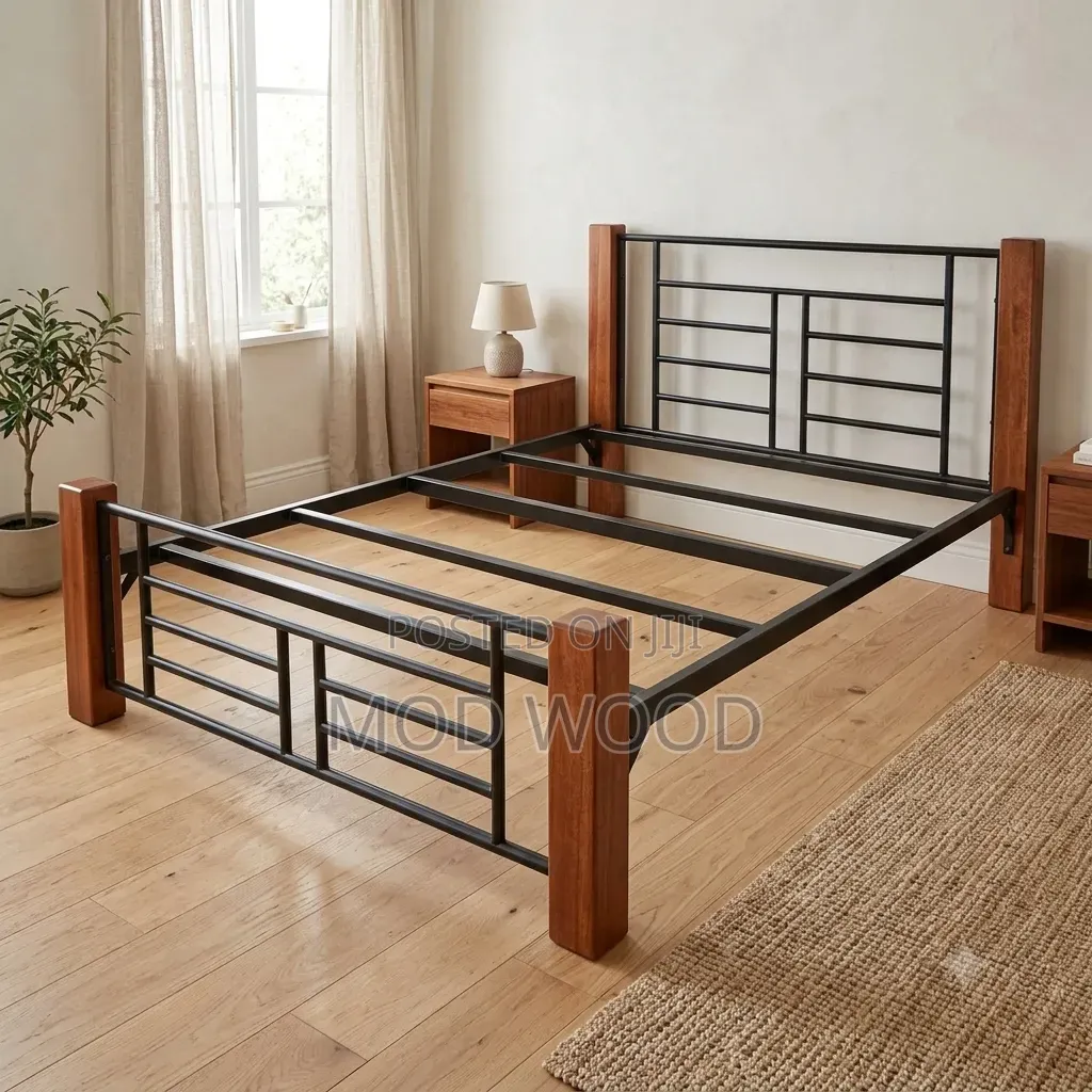 Industrial-Style Metal and Solid Wood 5ft by 6ft Hybrid Bed Frame